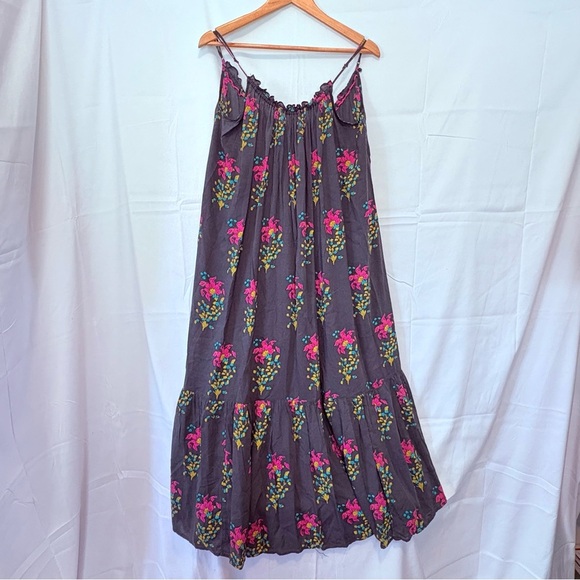 Anthropologie S Midi/Maxi Dress Black Pink Yellow Floral Design Spaghetti Straps - Picture 1 of 9